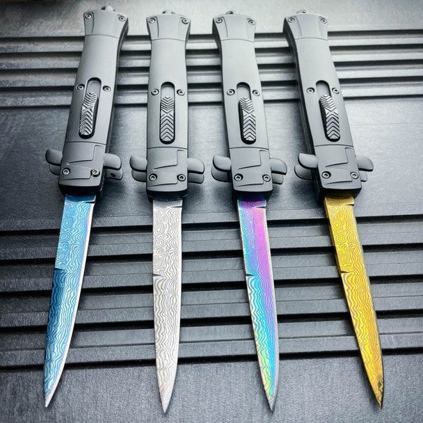 9 Italian Stiletto Style OTF Knife Damascus Etch